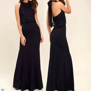 Lulus Sociable Navy Blue Lace Halter Maxi Dress SZ S